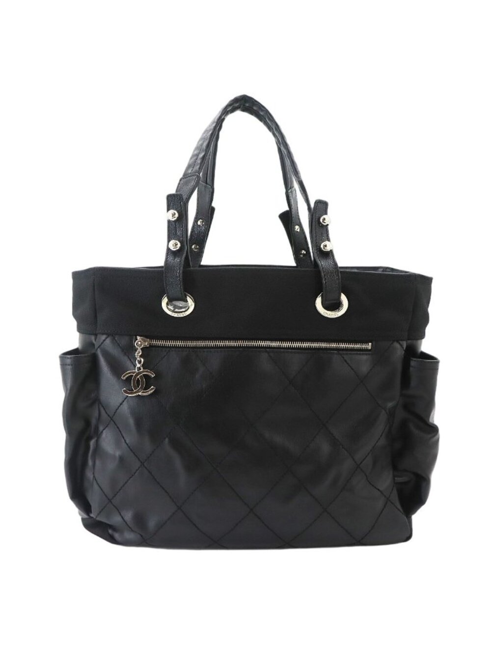 Chanel Paris Biarritz GM Tote Nylon Leather Black